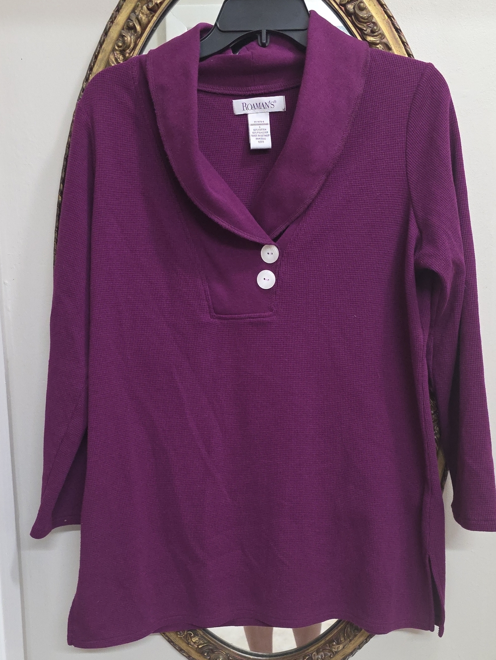 Roaman's Purple Shawl-Collar Button Pullover Top Shirt Warm Cozy Loose Size S